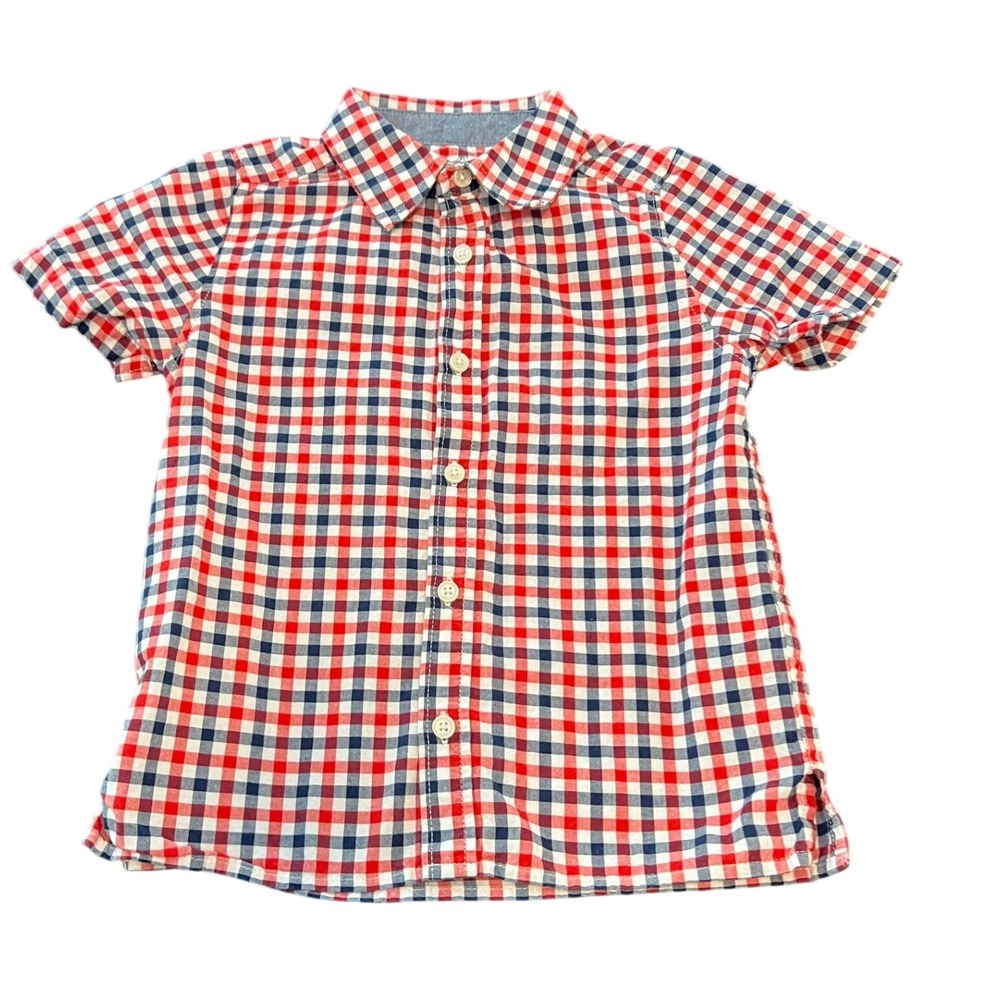 OshKosh Bgosh Toddler Boys Red‎ White Blue Gingham Plaid Shirt 5T Short Sleeve